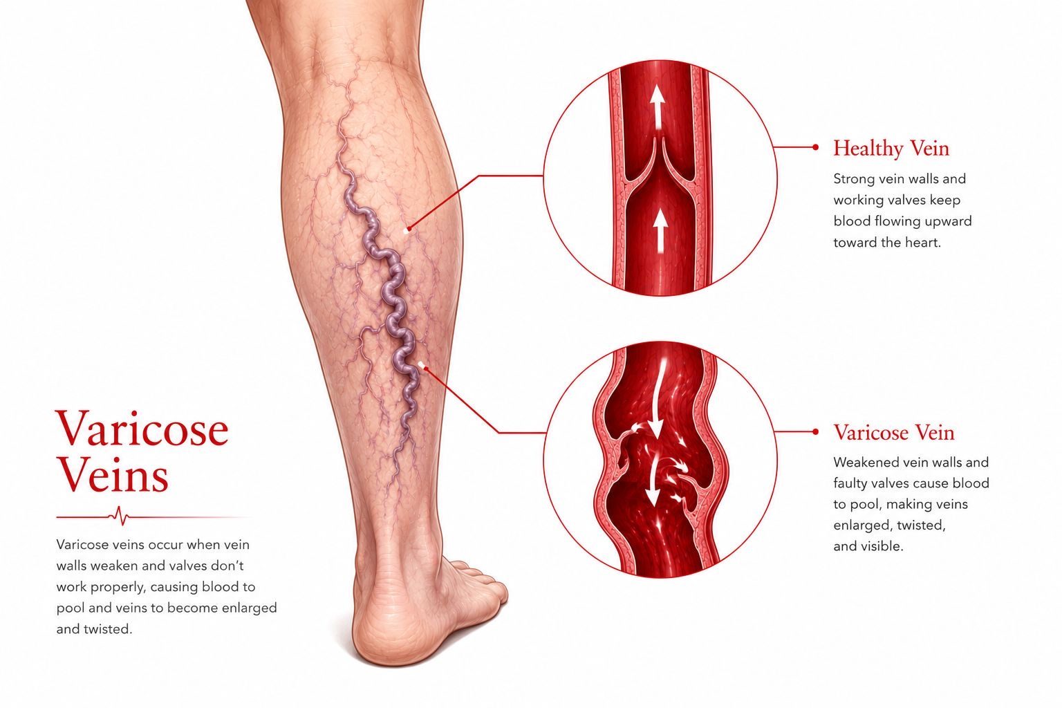Illustration of a leg with varicose veins and a cross-section showing weakened vein walls and faulty valves.